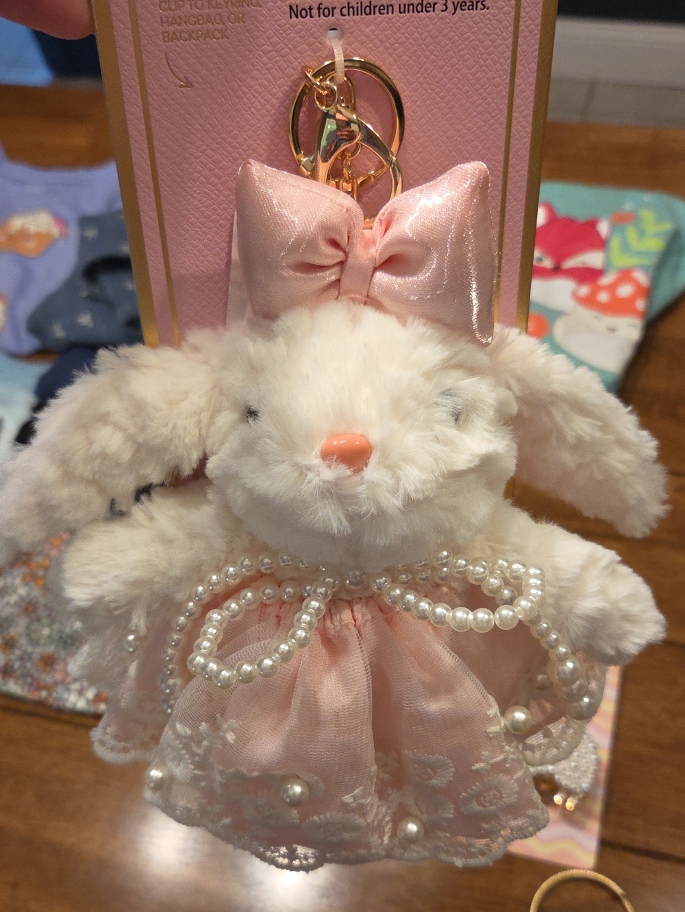 Plush Bunny Keychain in Pink Dress with Pearl Accents